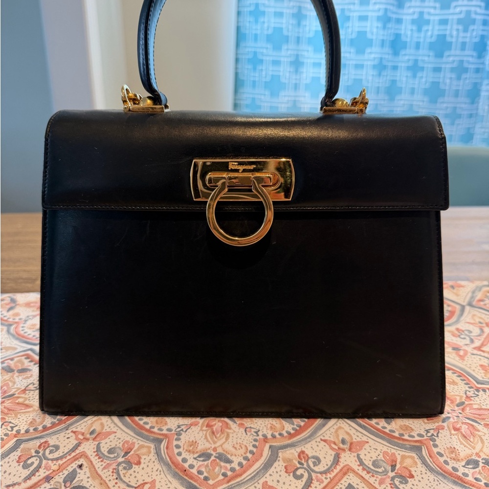 Salvatore Ferragamo Black Satchel with Gold Accents